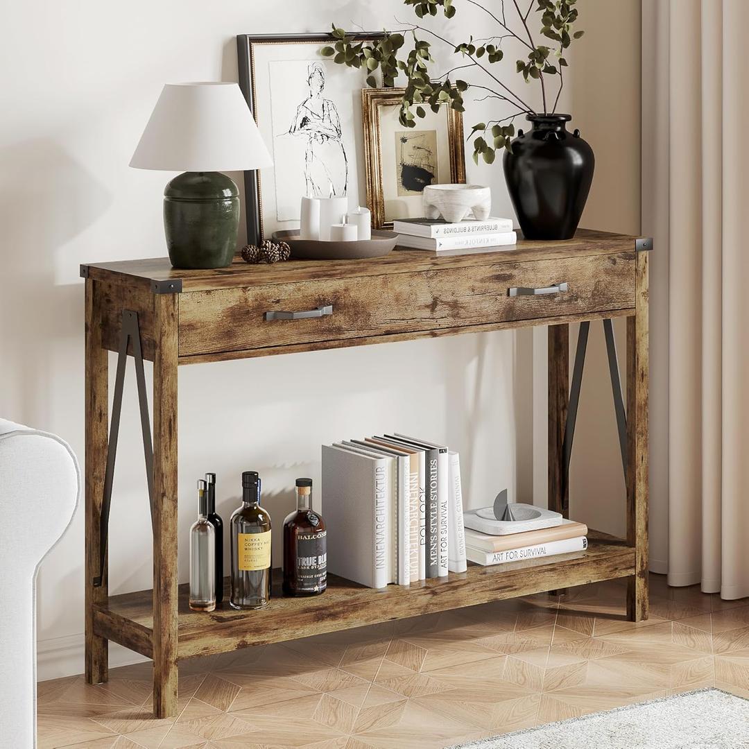 ChooChoo 47'' Farmhouse Console Table with Drawer, Entryway Table with Storage Shelf, Rustic A-Design Sofa Table for Hallway, Entrance, Living Room, Rustic Brown 