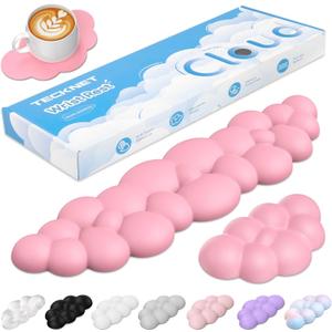 TECKNET Cloud Keyboard Wrist Rest Set, Cloud Wrist Rest with Non-Slip Base, PU Leather Wrist Pad for Keyboard with Ergonomic Memory Foam for Computer Laptop Office Gaming and Pain Relief, Dark Pink