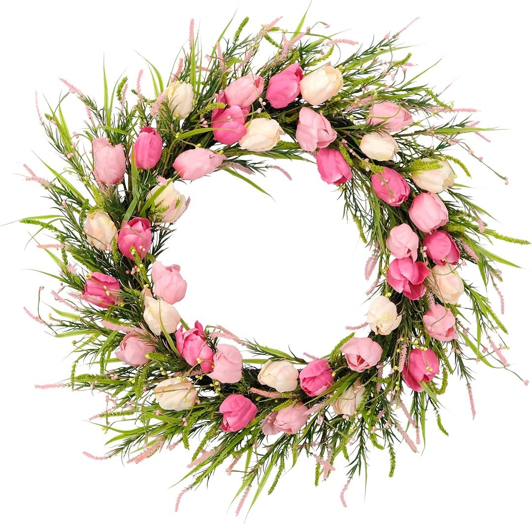Puleo International 30" Artificial Tulip Floral Spring Door Wreath, Green/Pink