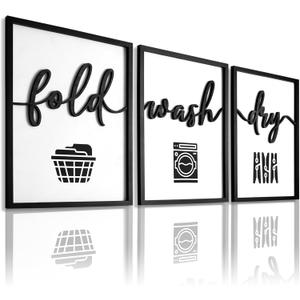 3D Wood Laundry Room Wall Decor, 36" x 16" Framed Laundry Room Wall Art, 3D Laundry Signs for Room Decor (Ready to Hang, Set of 3, Framed)