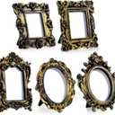 Maitys 5 Pcs Mini Picture Vintage Frames with Stands Tiny Antique Photo Baroque Ornate Resin Oval Frame Table Top Display Home Wedding Decor (Black Gold)