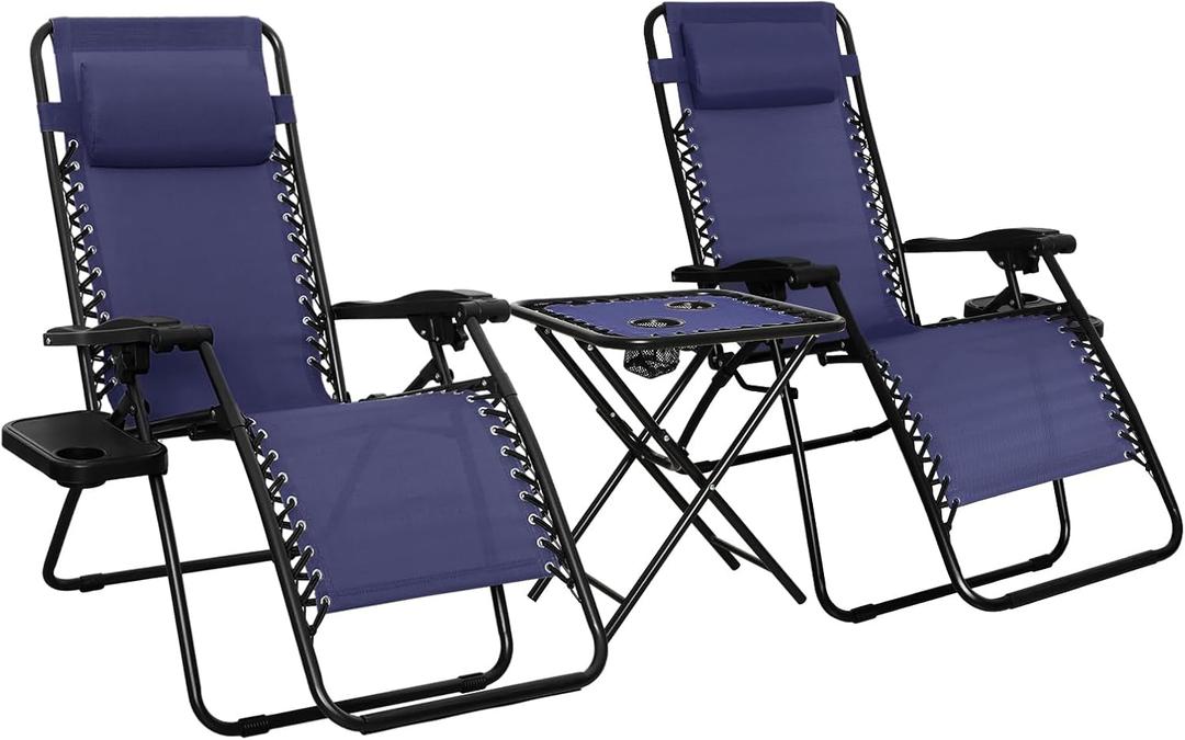 Amazon Basics Outdoor Textilene Adjustable Zero Gravity Folding Reclining Lounge Chair Set with Side Table, Pack of 2, Blue