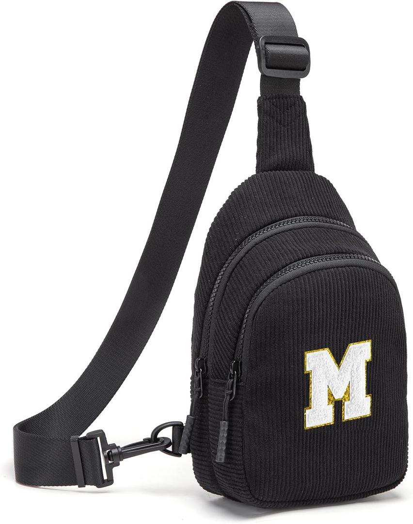 Small Corduroy Sling Bag Initial Crossbody Bag Fanny Pack for Girls Personalized Birthday Gifts for Teen Girls Gifts (Black)