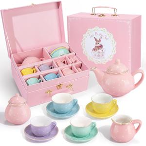 Porcelain Tea Set for Toddlers, Tea Party Set for Little Girls, Kids Tea Set Kitchen Pretend Play, Princess Tea Time Playset with Teapot Cups Carry Case, Toddler Girl Toys Birthday Gifts Age 3+, C. Color Dot Tea