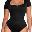 FeelinGirl Square Neck Bodysuit for Women Short Sleeve Tummy Control Slimming Bodysuit Going Out Tank Tops (Medium)