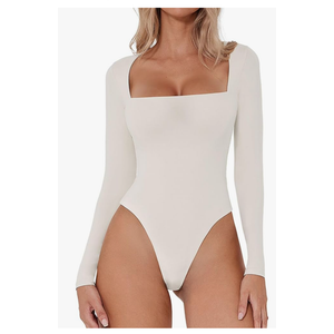 QINSEN Women's Sexy Square Neck Bodysuit Long Sleeve Double Lined Shirt Tops Biege, Extra Large, White