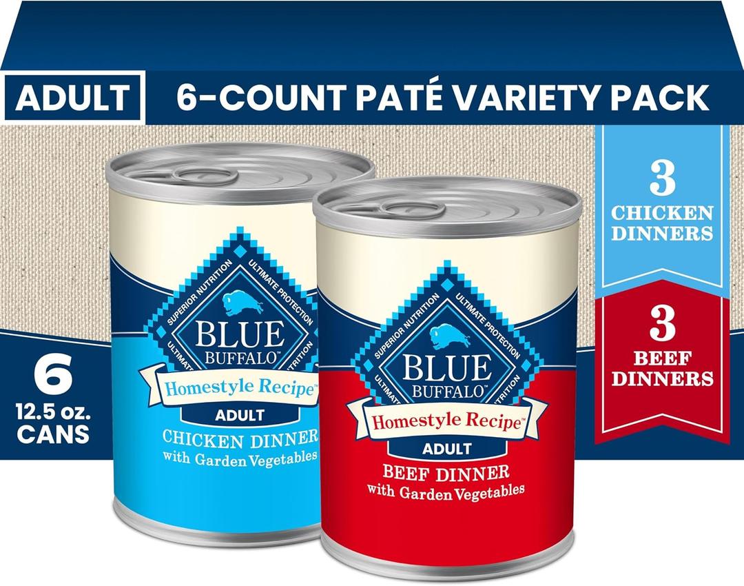 Blue Buffalo Homestyle Recipe Variety Pack Wet Dog Food, 12.5 oz, 6 ct Chicken & Beef Dinner (3 of Each), No Chicken By-Product, Corn, Wheat, or Soy,Best By 2028/Sep/09