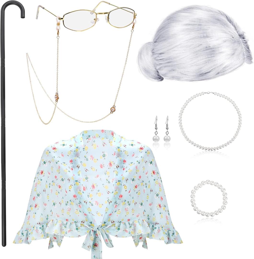 BBTO Old Lady Costume Granny Wig Grandma Shawl Grandma Cane Frame Glasses with Chain Faux Pearl Necklace Bracelet Earrings