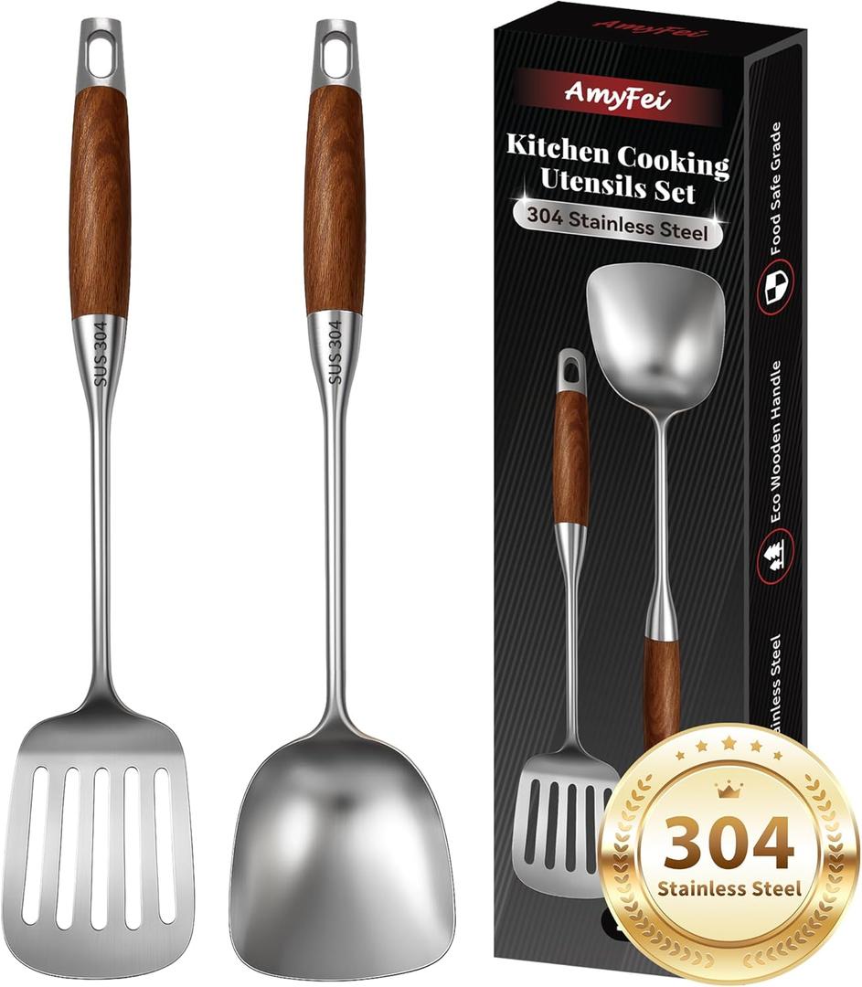 2Pcs Cooking Utensils Set,304 Stainless Steel Wok Spatula,kitchen utensils with Wooden Handle,Wok Tools Professional Set, Non-Stick and Heat Resistant