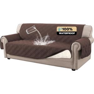 PrinceDeco 100% Waterproof Couch Cover for 3 Cushion Couch Sofa Pet Friendly Non-Slip Couch Cover for Dogs Washable Water Resistant Furniture Protector with Elastic Straps (Sofa 68", Brown)