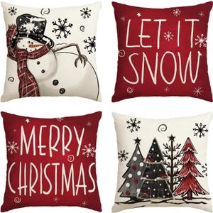 AVOIN colorlife Merry Christmas Snowman Let It Snow Throw Pillow Covers, 18 x 18 Inch Xmas Tree Winter Holiday Cushion Case Decoration for Sofa Couch Set of 4 (Red)