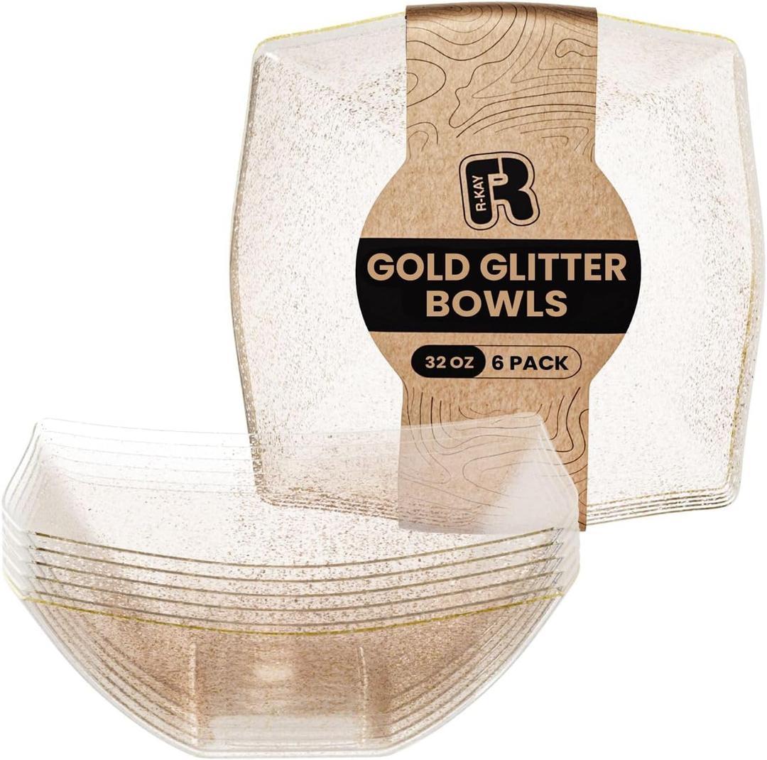 R-kay 6 Pack Gold Glitter Plastic Serving Bowls - 32 Oz Gold Plastic bowls - Salad Bowls Large Serving, Premium Duty For Weddings Catering And Birthday parties