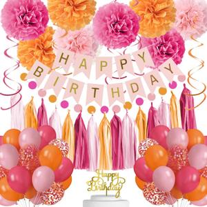 Pink and Orange Birthday Party Decorations Happy Birthday Banner Hot Pink Confetti Balloons Tissue Pom Poms Tassel Garland Pink Orange Party Decor Supplies for Women Girls