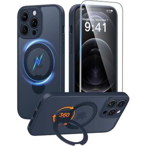 FNTCASE for iPhone 12 Pro-Max Case: [360 Spin Magnetic Stand] [Compatible with Magsafe] [Screen Protector] Translucent Matte Military Grade Shockproof Full Camera Protective Phone Cover - Deep Blue