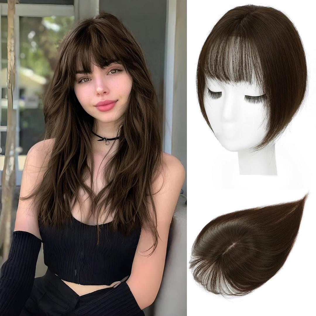 OLLAVO Hair Toppers for Women Real Human Hair, 360°3D Bangs Clip Human Toppers for Women with Thinning hair Realistic Scalp Line (Medium Brown, 3D Wispy Bangs(11 * 7))