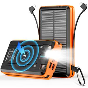 Portable Charger Solar Power Bank 52800mAh 5V/3A Fast Charging Battery Pack with Built in 4 Cables 2 Outputs & LED Flashlight for Cell Phone Camping and Hiking (Orange)