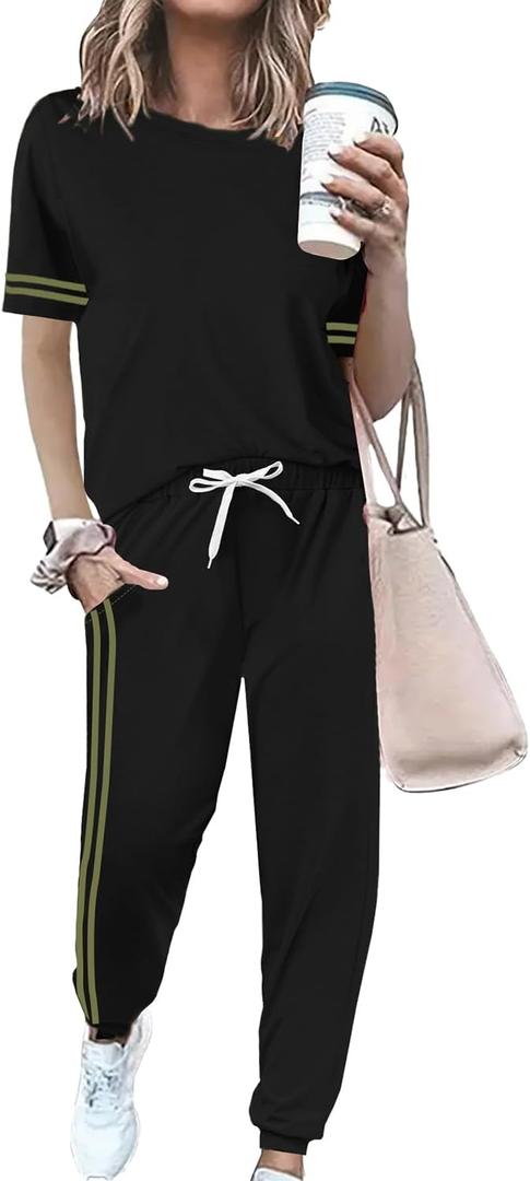 Women 2 Piece Outfits Summer Set Striped Short Sleeve Sweatsuits Crew Neck Pullover Lounge Tracksuit with Pocket (Black, S)