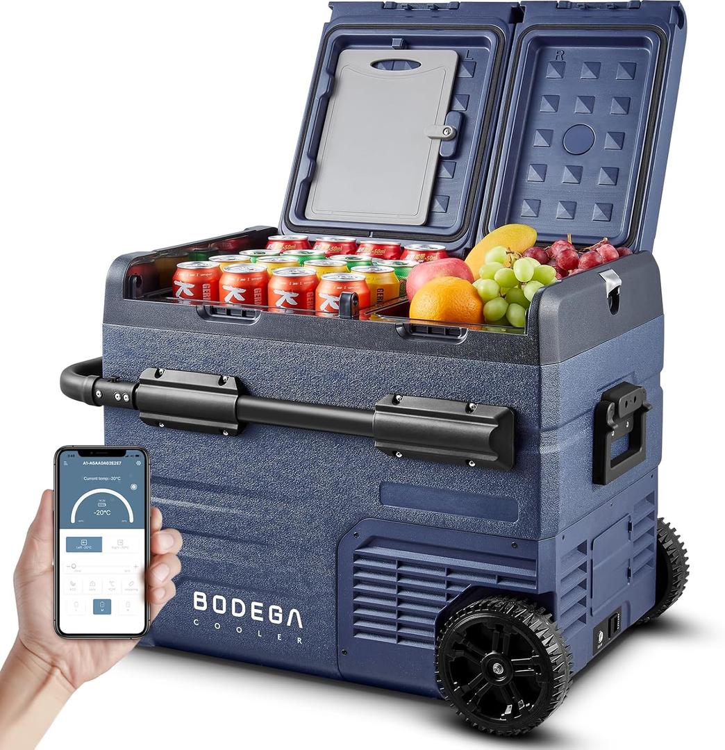 BODEGACOOLER 12V Portable Refrigerator,48 Quart(45L) Car Fridge,RV Car Refrigerator,Portable Fridge Freezer, -4-68 Cooler APP Control 12/24V DC and 100-240V AC for Car,Travel(2 Doors) (blue)