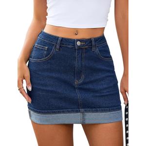 Eddoyee Jean Skirts for Women Denim Stretchy Mid-Rise Y2K Mini Skirt with Pockets (Blue, M)