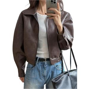 Women's Y2K Faux Leather Jacket Zip Up Crop Bomber Jacket Going Out Motor Bike Motorcycle Coat Streetwear with Pocket (Medium, Brown)