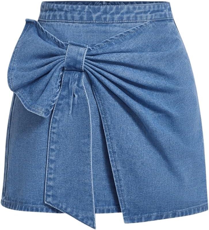 Floerns Women's Plus Size High Waist Denim Skirt Wrap Front Bow Bodycon Mini Skirt (Large, Blue)