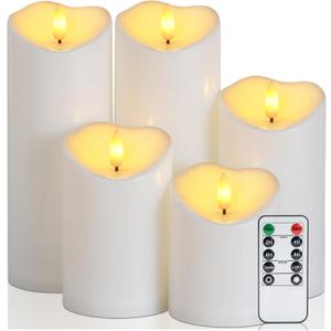 Raycare 3"x4"5" 6" 8" 8" Outdoor Waterproof Flameless Candles, Battery Operated LED Candles with Remote Control and Timer, Electric Fake Plastic Pillar Candles, Ivory White, Set of 5