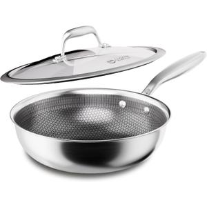 COOKER KING 10-Inch Hybrid Stainless Steel Wok with Lid, Nonstick Stir Fry Pan & Deep Frying Pan, Tri-Ply Clad Honeycomb Everyday Pan, Induction Ready, Oven & Dishwasher Safe, PFOA Free