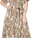 Women's Summer Leopard Print Casual Dress - Shirt Collar V-Neck Short Sleeve Flowy A-Line Dress (Medium, Brown)