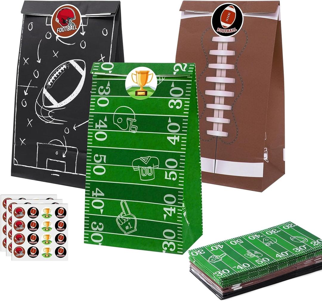 woric 36 Pack Football Goodie Bags with Stickers, Football Party Bags Paper Gift Snack Bag for Game Sports Theme Party Favors Supplies Superbowl Decor(9.4 * 5.1 * 3.1in) (Brown&Black&Green(Football Style))