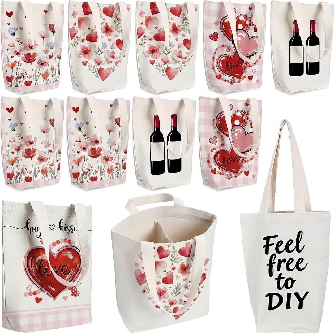 12 Bags 2 Bottle Wine Gift Tote Bags with Handle Valentines Sublimation Canvas Wine Tote Bag Reusable for Wedding Party DIY