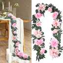 2 Pcs Artificial Peony Flower Garlands 6. 56 ft Eucalyptus Garlands with Fake Violet Rose Faux Greenery for Wedding Table Backdrop Arch Centerpieces Decorations(Light Pink)