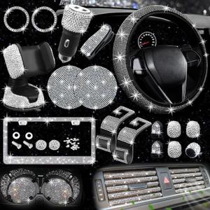 NBTEPEM 27 PCs Bling Car Accessories Set for Women, Steering Wheel Covers Universal Fit 15 Inch, Bling License Plate Frame, Bling Phone Holder, Bling Car Coasters (Silver Diamond)