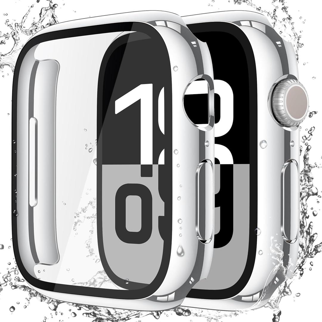Misxi [2 Pack] Waterproof Hard Case with Tempered Glass Compatible with Apple Watch Series 11 (2025) Series 10 42mm, Overall Protective Cover for iWatch Screen Protector, 1 Silver + 1 Transparent