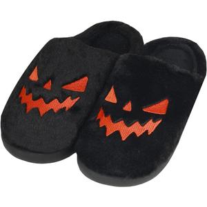 Spooky Slides Halloween Jack O Lantern Pumpkin Indoor Outdoor Fuzzy House Slippers Shoes Gifts For Women Men (7-8 Women/5-6 Men, Black)