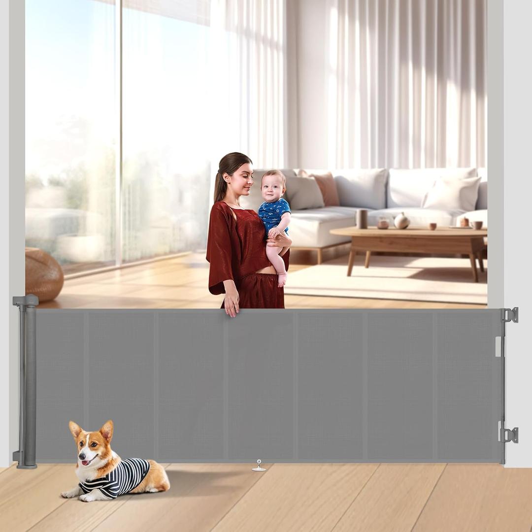 Miumoon 120 inch Retractable Baby Gates 34 inch Tall, Retractable Gate with Reinforced Strip Design to Prevent Crawling Through, 10 FT Extra Wide Retractable Dog Gate for Indoor/Outdoor (Gray)