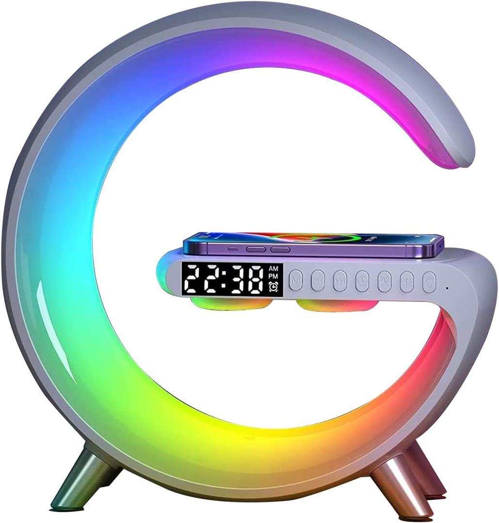 BKDRL Bluetooth Speaker Lamp with Wireless Charger, RGB Night Light, Alarm Clock, App Control - White