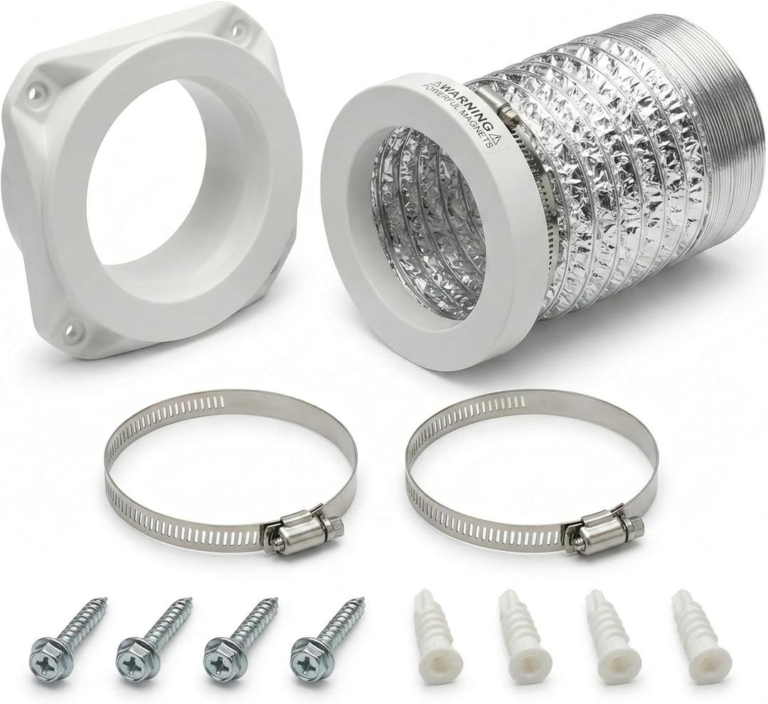 Magnetic Dryer Vent Kit for Tight Spaces - Self-Aligning Mag-Snap Connector, Heat Resistant & Flame Retardant ABS, Airtight Seal, Includes 4" x 2.6ft Flexible Duct & Clamps (Zinc White)