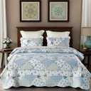 VIVILINEN Blue Floral Patchwork Quilt Set, Full Queen Size, 3 Piece Bedding Set with 2 Pillowcases