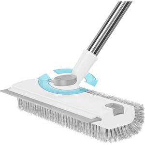 Floor Scrub Brush with Long Handle: 3 in 1 Heavy-Duty Floor Scrubber Brush with Squeegee for Cleaning Tile Bathroom Deck Kitchen Patio - White