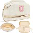 Makeup Bag for Girls Gift, Personalized Valentines Day Gifts Initial Women Makeup Bag for Travel, Double Layer Cosmetic Bag with Brush Organizer Preppy Make up Bag for Teen Girl Trendy - U