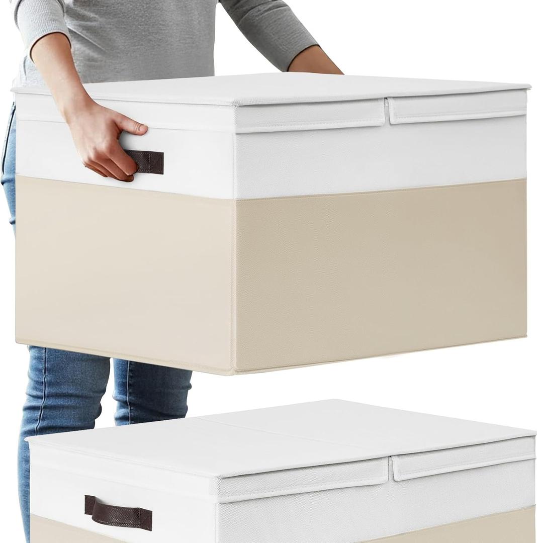 2 Pack EXTRA LARGE Blanket Storage Baskets with Lids, 22x16x12 Closet Organizers Bins for Clothes Towel/ Toy Storage Box with Lid Handles/ Stackable Decorative Fabric Bins for Living Room, Nursery (White with Beige)