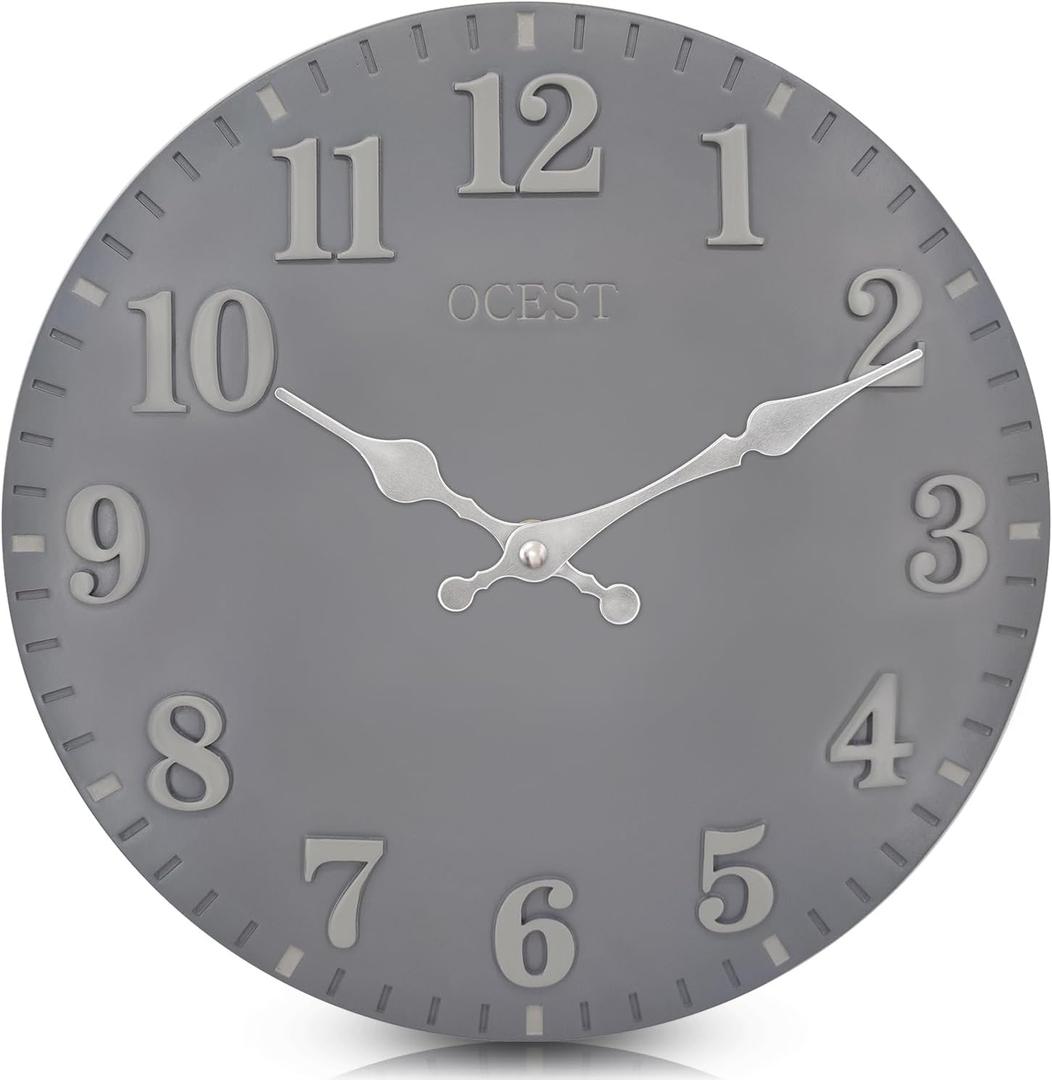 OCEST 12 Inch Waterproof Resin Wall Clock, Silent Non-Ticking, Battery Operated for Garden, Pool, Patio, Living Room, Office (Gray) (Graphite)
