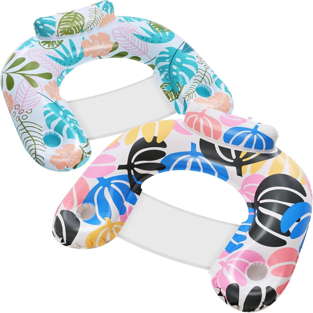 ANNIL4 Pack Adult Inflatable Pool Floats Chair, Water Leisure Inflatable Floating Chair, Drink Holder, Ergonomic Headrest, Pool Floaties for Adults Swimming Pool Party, Summer Water Fun (Tropical palm leaf & Tropical foliage)