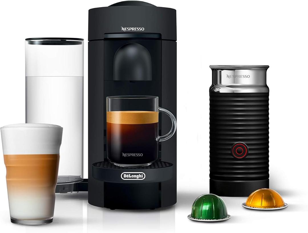 Nespresso Vertuo Plus Deluxe Coffee and Espresso Maker by De'Longhi, Matte Black with Aeroccino Milk Frother+ 10 Capsules