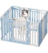 BUMUBI Dog Fence Pet Playpen Clear Puppy Cat Medium Small Play Pen Foldable Kennel Indoor Outdoor Whelping Box for Dogs with Gate (Blue + White, 12 Panels+1 Door)
