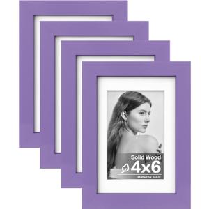 Egofine 4x6 Picture Frames 4PCS Covered by Plexiglass for Picture 3x4.5 and 3.5x5 with Mat or 4x6 whitout Mat Made of Solid Wood for Table Top Display and Wall Mounting Photo Frame, Purple