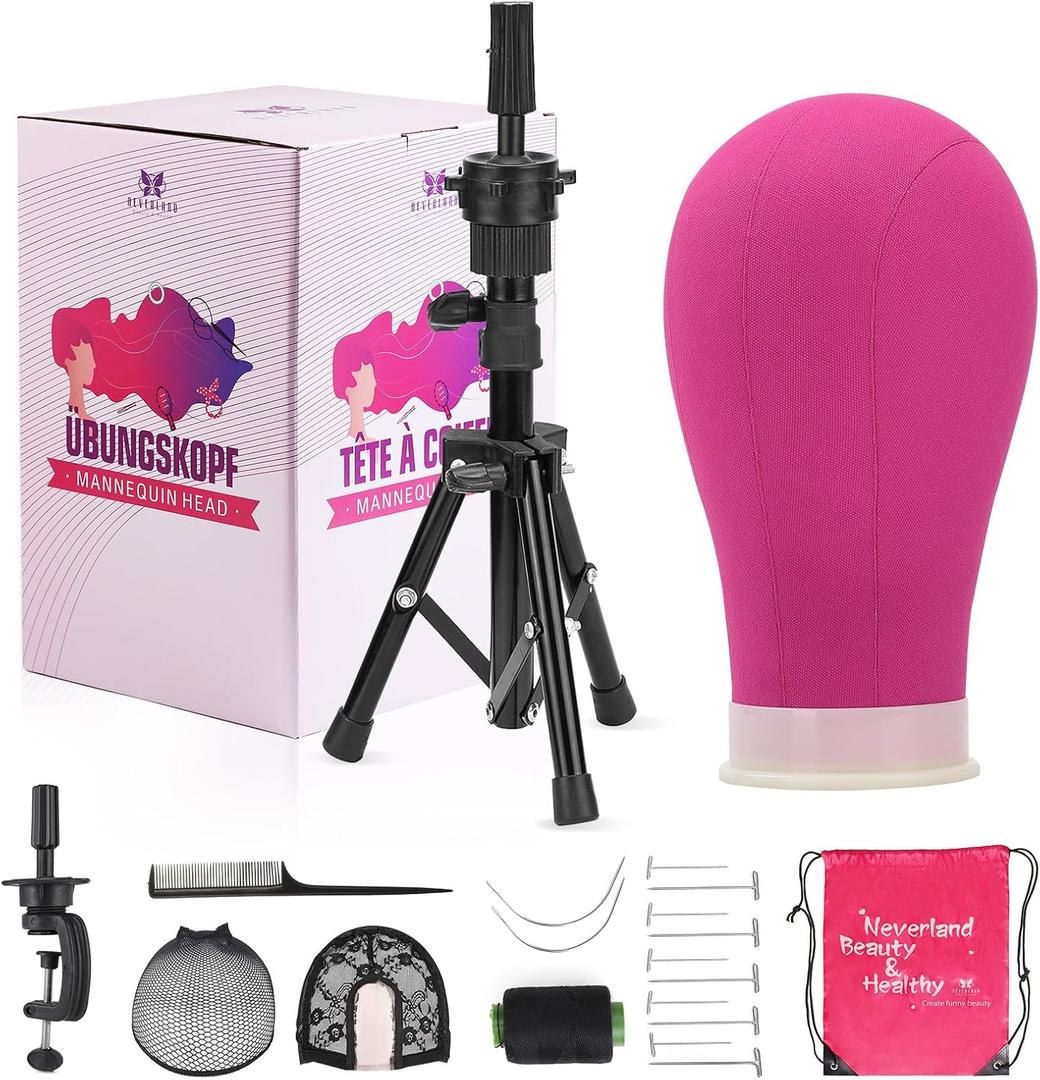 Neverland Beauty & Health Wig stand with Head,Wig Head Mannequin Head with Wig Stand Tripod,Manikin Canvas Head Set for Wigs Making Display with Wig caps,T Pins Set Bristle Brush(Red)