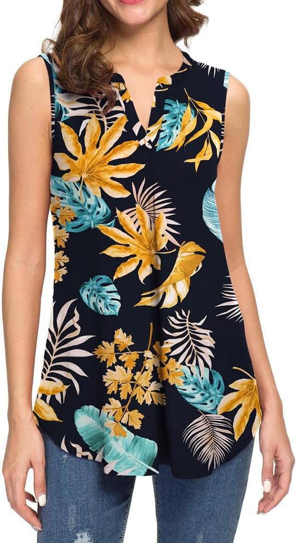 Neineiwu Women's Summer Tank Top V Neck Sleeveless Loose Pleated Shirt (Blue, L)