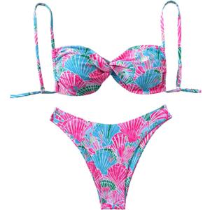 WDIRARA Women's 2 Piece Tropical Print Thong Bikini Set Twist Front High Cut Swimsuit Bathing Suit (Multicolor, M)