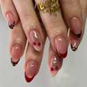 Cherry French Tip Press-On Nails, Glossy Natural Pink with Red Tips & Gold Cherry Design, 24PCS False Nails for Women, Durable & Easy to Apply, Salon-Quality Nail Art